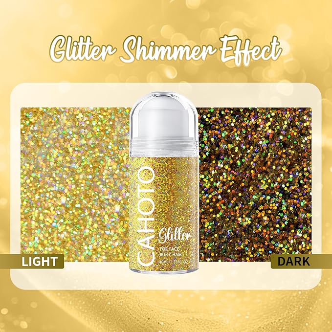 Gold Rolling Glitter for Face Body & Hair, Sparkling Holographic Chunky Shimmer, Roll-on Sequins for Singer Concert Mardi Gras Rave Festival Halloween Party Carnival, 1.35fl.oz