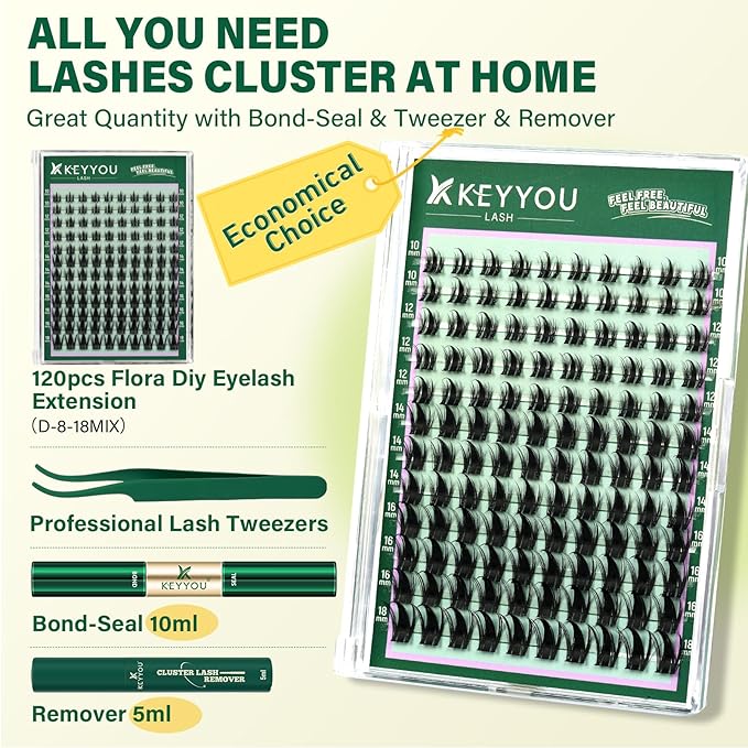 KEYYOU LASH Lash Clusters Kit Manga Lashes Individual 120pcs Wispy Lash Clusters with 10ml Remover Bond&Seal 10-18mm Eyelash Extension with Spikes D Curl Fairy Style Manga Cosplay DIY at home(F02 Kit)