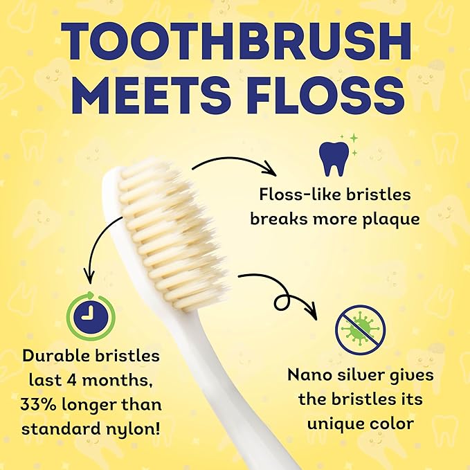 MOUTHWATCHERS Soft Childrens Flossing Manual Toothbrush, Set of 2, Pink and Yellow Toothbrushes for Kids & Teens, Ultra Clean, by Dr. Plotka's