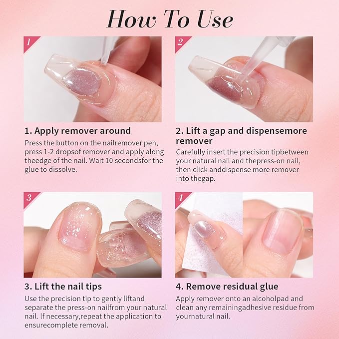 Curvlife New 3 IN 1 Nail Glue Remover Pen, Nail Glue Remover For Press On Nails, Click&Remove Pen Design, Not for Gel Polish Base Coat, For Fake Nails Debonder Adhessive Remover Acetone-free, 2pcs,5ml