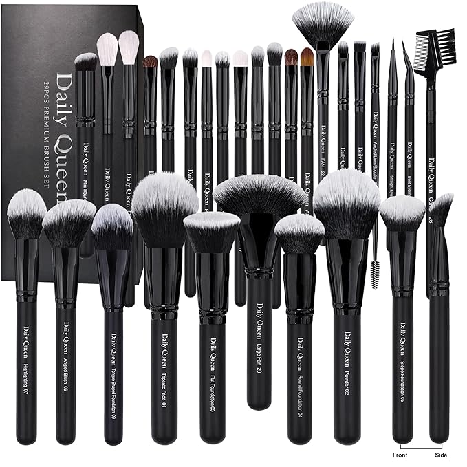 Daily Queen 29pcs Black Professional Makeup Brush Set Kabuki Powder Concealers Eye shadows Blush Eyeliner Eyebrow Contour Eye blending Brushes (29pcs brush)