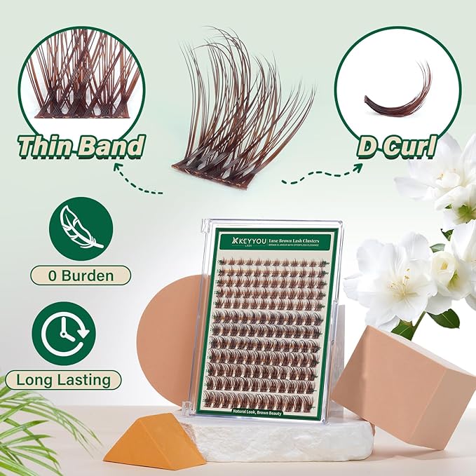 KEYYOU Brown Lash Clusters 144pcs Eyelash Clusters 8-18MIX D Curl Cluster Lashes Soft Wispy Lash Clusters Natural Look Brown DIY Lash Extension At Home(Brown05-D-8-18MIX)