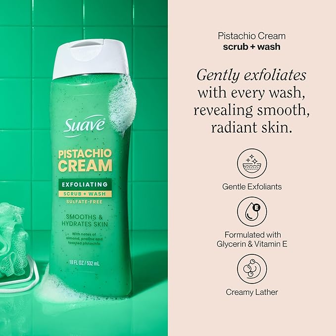 Suave Pistachio Cream Exfoliating Body Wash & Scrub with Glycerin & Vitamin E, Sulfate-Free Hydrating Cleanser for Soft, Smooth Skin, 6 Count, 18 FL OZ EA