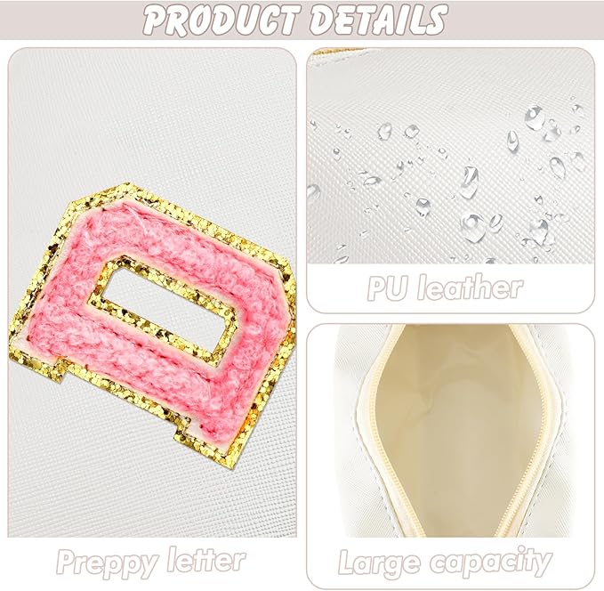 URSKYTOUS Initial Makeup Bag Personalized Preppy Travel Small Cosmetic Bag Cute PU White Chenille Letter Makeup Pouch for Purse Waterproof Zippered Toiletry Organizer for Women Girls Kids Friends (D)