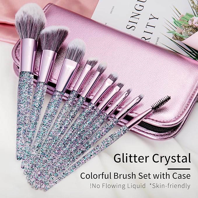 ENZO KEN Glitter Makeup Brushes Set with Case, Vegan Makeup Brush Set Professional, Colorful Cosmetic Brushes Makeup Set, Make up Brush Vegan, Make up Brushes Set Professional, Makeup Brush Set Vegan