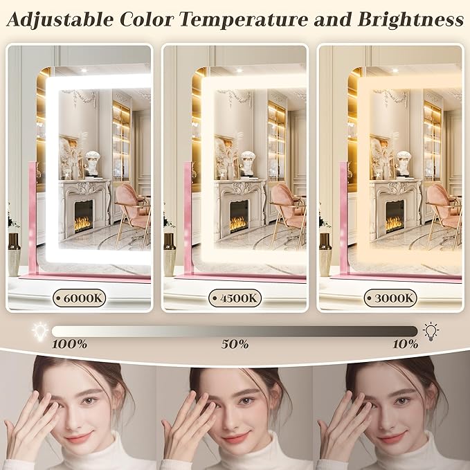 ROLOVE 22x17 Inch Pink Vanity Mirror with Lights，Dimmable LED Lights，3 Color Modes, Smart Touch Control，10X Magnification，Light up Makeup Mirror for Desk, Gift for Teen Girls