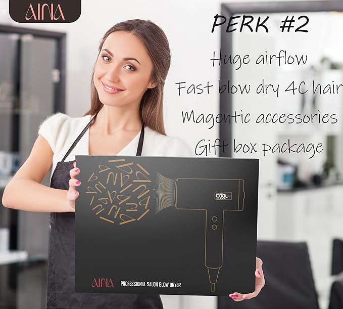AINA Pro Salon Hair Dryer(New tech),2000W Blow Dryer with Diffuser Comb for Women | BLDC Hair Dryer | Brushless Motor 150,000 RPM | Ionic | LED Display | 4 Magnetic Attachments 110V/ALCI(Baby Pink)