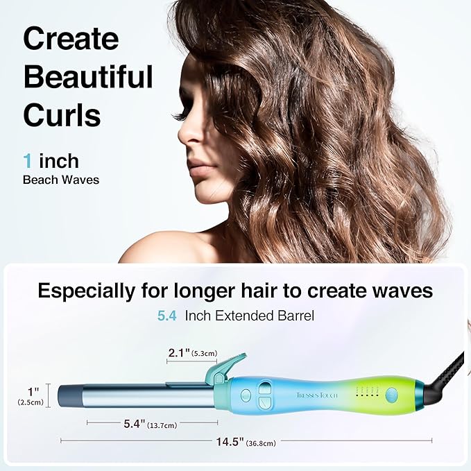 Extra-Long Barrel Rotating Curling Iron with Clamp, Automatic Curling Iron 1 Inch, 30s Fast Heating to 410°F & Home Button for Fast Styling & Lasting Results, Universal Voltage for Travel, Blue Green