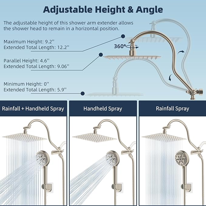 Hibbent All Metal CUPC Certified Shower Head, 8'' High Pressure Rainfall Shower Head, Handheld Showerhead Combo, 12'' Adjustable Extension Arm, 10 Sprays, 71'' Hose, Showerhead Holder, Brushed Nickel