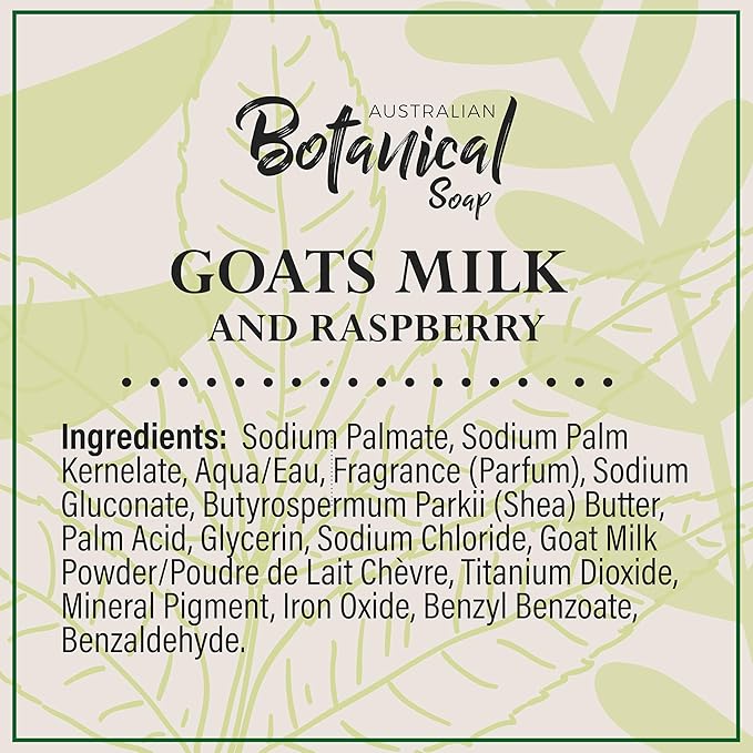 Australian Botanical Goats Milk Soap and Raspberry, 6.6 OZ, Triple Milled Bars made with a Natural Soap Base and Enriched with Organic African Shea Butter, Pack of 8