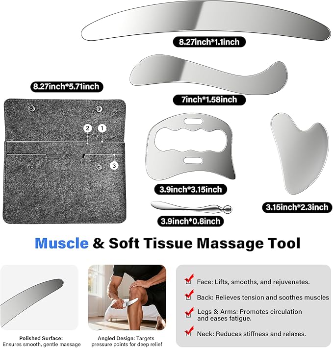 5 in 1 Muscle Scraper Tools Kit - Stainless Steel Gua Sha Massage Tools for Physical Therapy, Derma Edge Scraping for Face & Body, 5 PCS Guasha Set for Deep Tissue & Relaxation（5 PCS） (Grey)