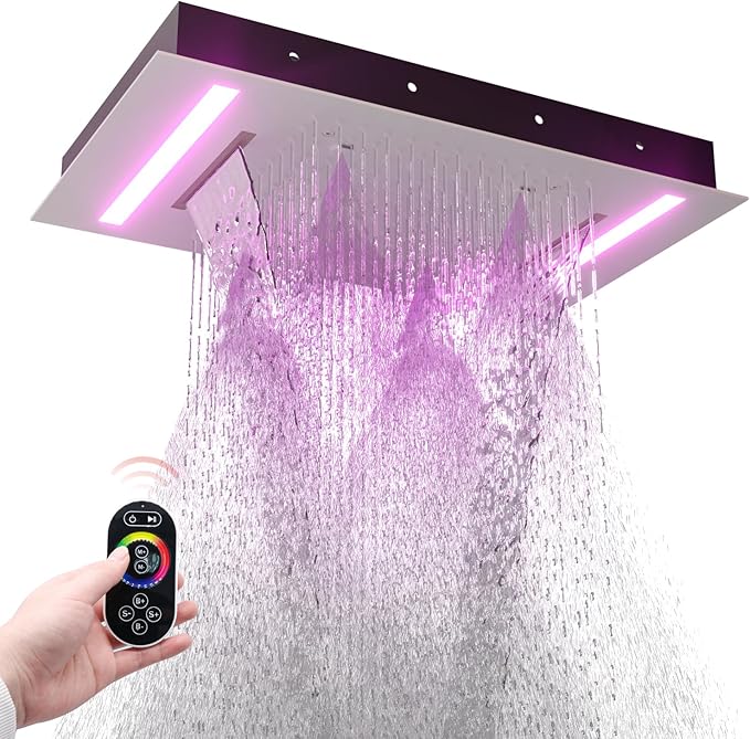 HOMEDEC 14x20" LED Ceiling Shower Head with Rainfall Waterfall Mist Spray, 3 Modes Can Operate Simultaneously or Independently, Brushed Nickel