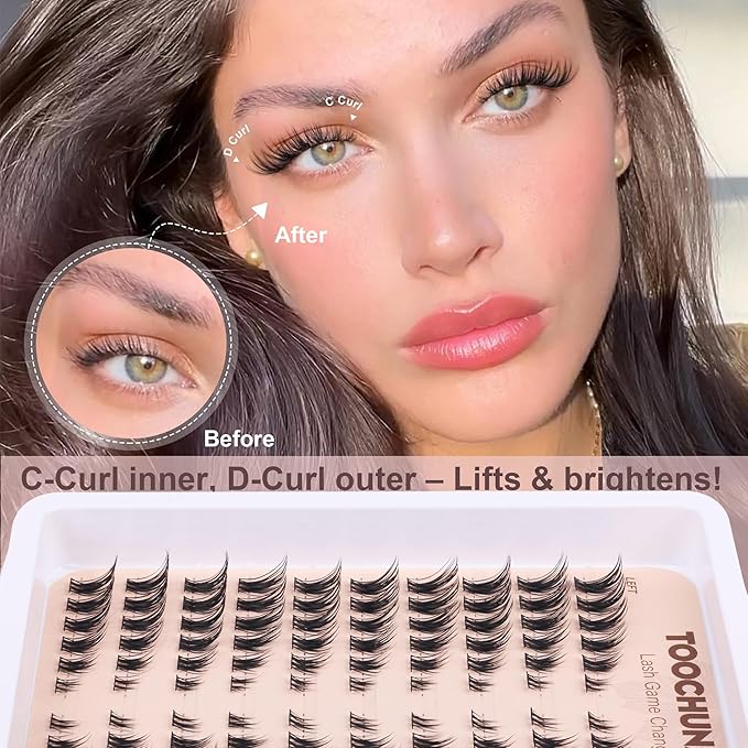 TOOCHUNAG Natural Lash Clusters Left&Right Cluster Eyelash Extensions 3D Wispy Individual Eyelashes 7-15mm Thin Band Cat Eye Lashes Clusters CD Curve Lash Extension