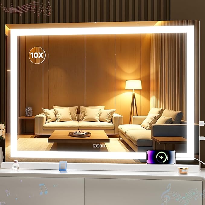 MINISO Vanity Mirror with Lights,42"x29.5"LED Makeup Mirror with Bluetooth Speaker,Touch Sensor,3 Light Colors,Dimmable,Metal Frame,with 10X Magnifying Glass,Rectangular White