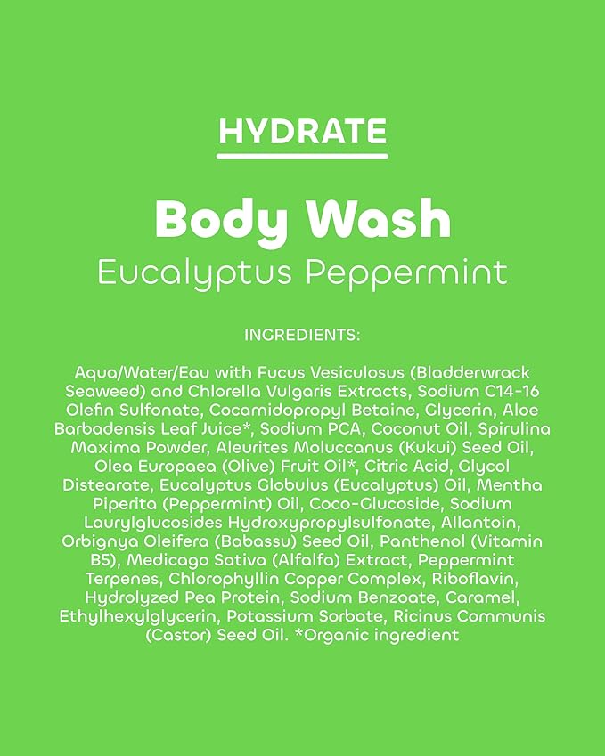 Seaweed Bath Co. Hydrate Body Wash - Eucalyptus Peppermint - Hydrating Lathering Cleanser with Nourishing Natural Ingredients - Vegan, Paraben and Sulfate Free Shower Gel - 12 oz