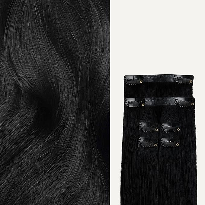 Luxy 100% Remy Human Hair Extensions for Thin Hair Thinning Hair Fill-Ins – 6 Seamless Wefts Multi-Dimensional Color Blend - Natural-Looking Volume & Coverage 95 grams 20" Jet Black Thinning