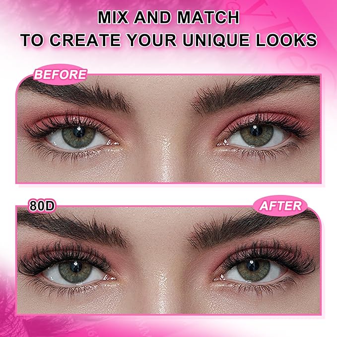 MilyBest Lash Clusters Kit 80D Fluff Cluster Eyelash Extensions 10-18mm Individual Lashes Clusters D Curl Lash Extension Kit, Waterproof Thick Volume Eyelash Clusters with Bond & Seal, Tweezers