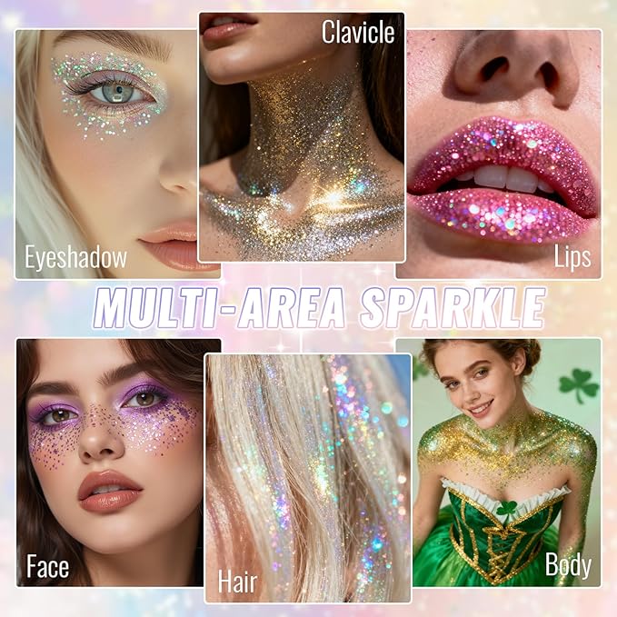 Violet Face Body & Hair Glitter Stick for Singer Concerts Outfit, Purple Shimmer Stick Gel for Women, Sparkling Holographic Chunky Sequins for Halloween Rave Festival Carnival Mermaid, 0.56oz