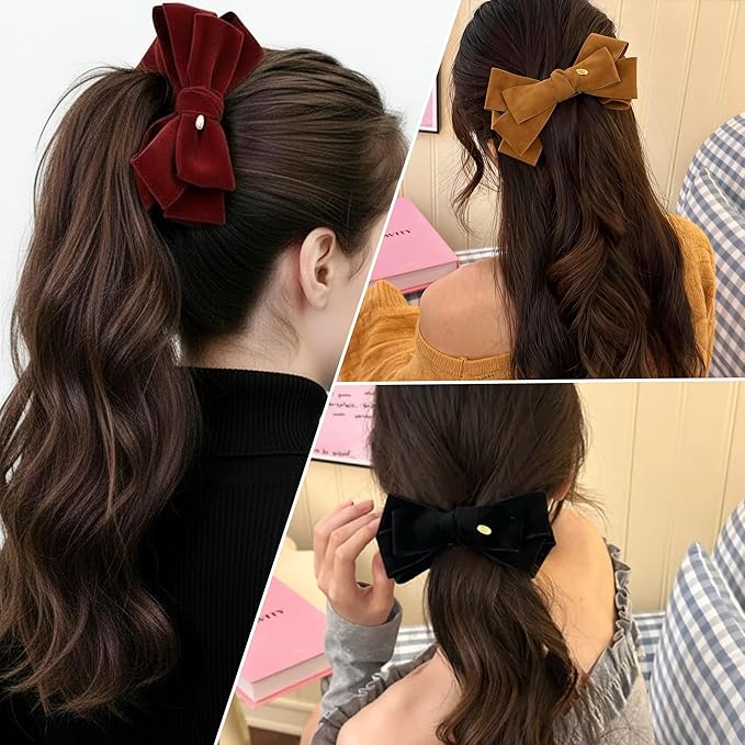 3 Pack Velvet Bow Banana Clips for Hair, Large French Hair Claw Clips for Women Thick Hair, Non-Slip Strong Hold Ponytail Holder, Elegant Ribbon Jaw Clips Accessories (Black, Burgundy, Camel)