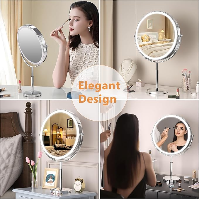 Hasipu 10” LED Makeup Mirror with 7X Magnification - Rechargeable Vanity Mirror, 3 Color Modes, Touch Control, 360° Rotation & Adjustable Height