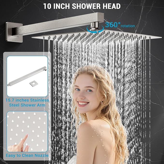 IUERASD Rain Shower Faucet Set Wall Mounted Rainfall with Tub Spout Shower Head System Rough-in Valve Body and Trim Included Brush Nickel (10 Inches)