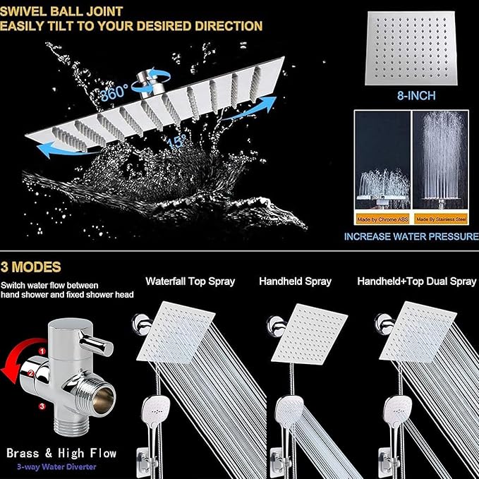 NearMoon Shower Head with Hose, High Pressure Stainless Steel Rain Shower and 3 Settings Handheld Spray Combo with Push Button Flow Control (8 Inch, Chrome Finish)