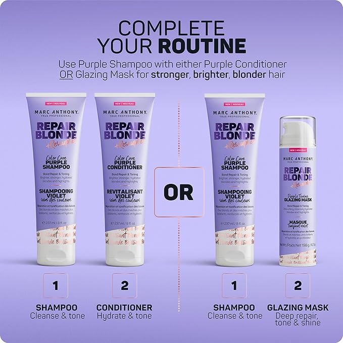 Marc Anthony Bond Repair Purple Hair Shampoo for Blonde & Grey Hair, Blonde Repair - Color-Safe Toning Hair Shampoo Neutralizes Yellow, Brassy Tones & Repairs Weak Broken Bonds