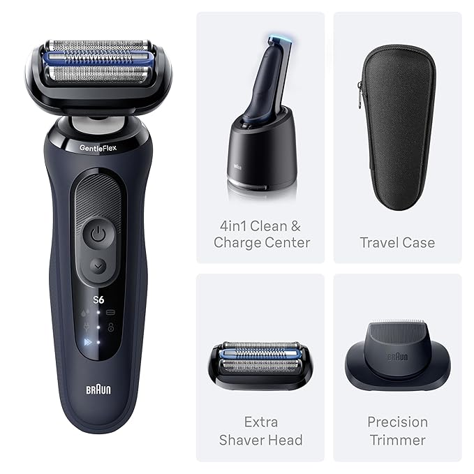 Braun Electric Razor for Men Series 6 with Precision Trimmer, Extra Shaver Head, 4-in-1 Clean & Charge Center, Travel Case, S6 6177ps