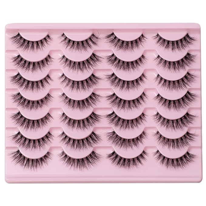 Short Wispy False Eyelashes 14 Pairs, Clear Band Natural Look Fluffy Cat Eye Lashes, Faux Mink & Easy to Apply for Beginners, Daily Makeup & Professional MUA