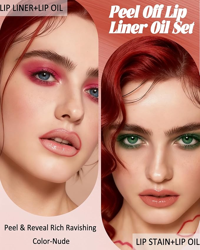 Coral Pink Peel off Lip Stain Oil Set,Matte Long Lasting Waterproof Lip Liner Stain Tattoo Peel off,Nourish Non Sticky Glossy Clear Lipgloss,Natural High Pigmented,Transferproof Lip Combo for Women-02