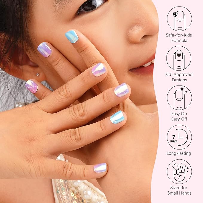 DANNI & TONI Kids Gel Nail Strips Mermaid Crown Blue Purple Aurora Ombre Salon-Quality Peel & Stick Manicure for Children (Age 6+)– Safe, Long-Lasting, Easy to Apply |Mermaid Glimmer