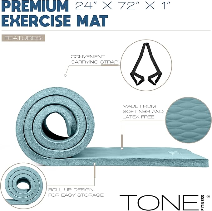 Tone Fitness 1-Inch Thick Yoga Mat | High-Density, Non-slip Exercise Mat with Carrying Strap for Yoga, Pilates, & Home Gym Workouts | Multiple Options