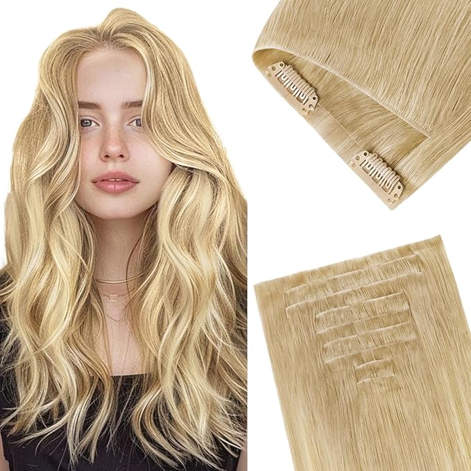GOO GOO Invisi Edge Clip in Hair Extensions, 20inch 150g 7Pcs, Injected Seamless PU Clip in Hair Extensions, Virgin Real Human Hair, #18AT60A Pearl Ash Blonde Highlights