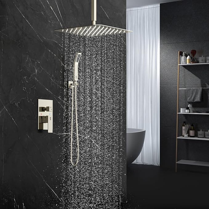 SR SUN RISE 16 Inches Brushed Nickel Shower System Bathroom Luxury Rain Mixer Shower Combo Set Ceiling Mounted Rainfall Shower Head Faucet (Contain Shower Faucet Rough-In Valve Body and Trim)