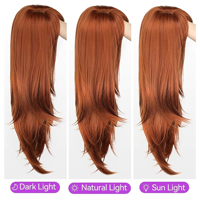 Long Ginger Wig with Bangs for Women,4x4 Realistic Scalp, Free Parting,Layered Hairstyle Synthetic Heat Resistant for Daily Party Use 26 inch
