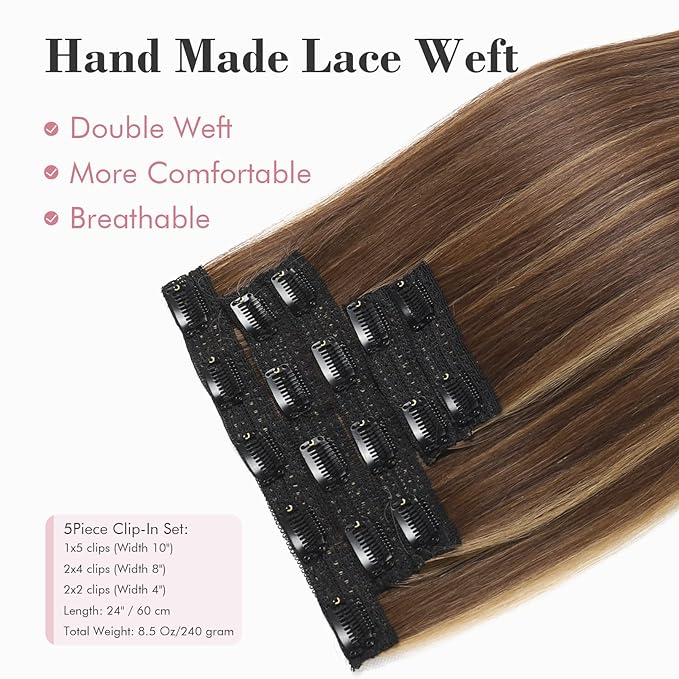 REECHO Clip in Hair Extensions, Hair Extensions Thick Long Lace Weft Lightweight Synthetic Hairpieces for Women (24 Inch-240 Gram(Pack of 5), Medium Brown with Blonde Highlights)