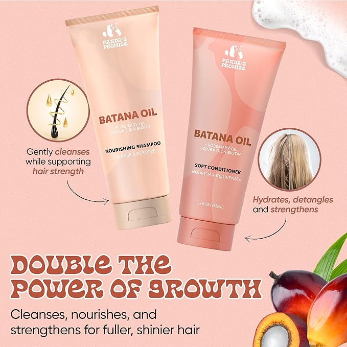 Panda's Promise Batana Oil Shampoo and Conditioner Set – Sulfate-Free Haircare with Batana Oil Nourishing Duo for Smooth, Soft and Manageable Hair For All Hair Types, Unisex (12 fl oz Each)