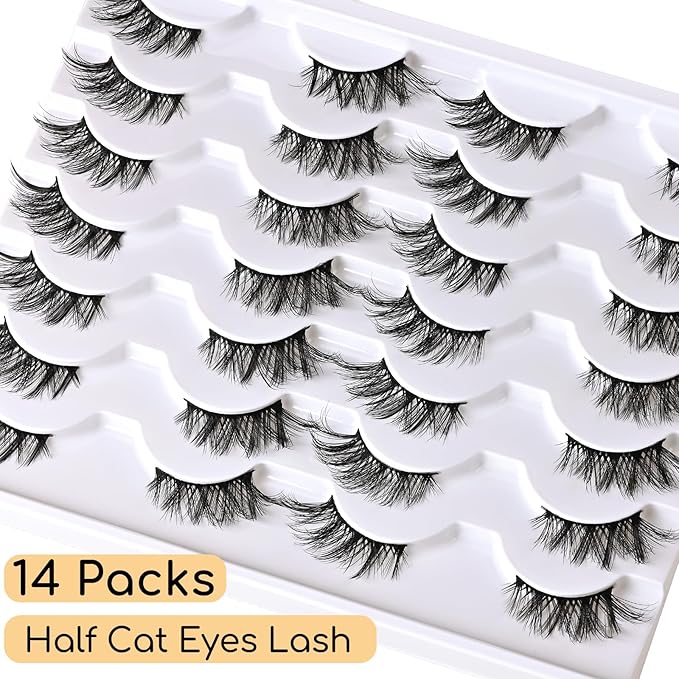 Half Lashes Wispy Cat Eye Strip Lash Cateye Fake Eyelashes Strips Natural False Mink Eyelash Pack Demi Wispies Thick 7-15mm Winged Half Pestañas Postizas for Women