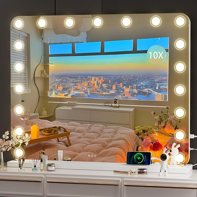 Hasipu Vanity Mirror with Lights, 40" x 32" Makeup Mirror, Light up Mirror with 19 Dimmable LED Lights and 10X Magnification, 3 Colors Modes, Touch Control, USB Charging Port, White (Round)