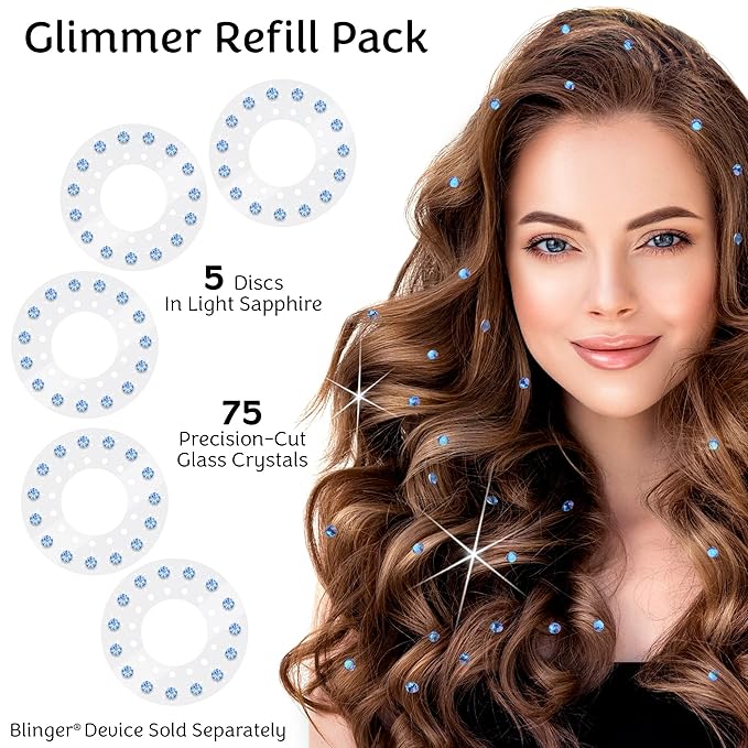 blinger® Shimmer Crystal Refill Pack – as seen on Shark Tank | 5 Discs – 75 Precision-Cut Glass Crystals | Hair-Safe Accessories | Styling Tool Not Included| Light Sapphire 4 mm