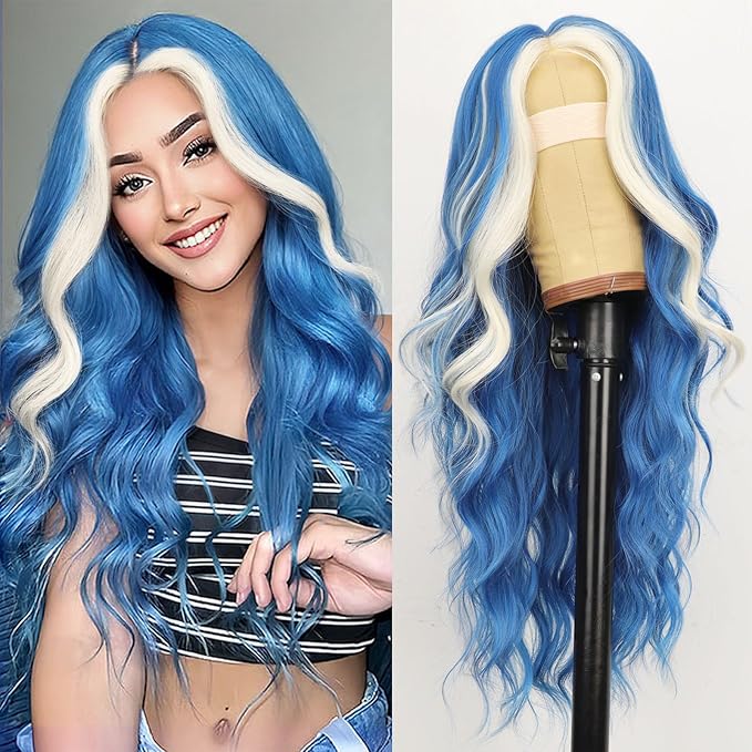AISI HAIR Light Blue Platinum Blonde Highlight Wig for Women, Long Wavy Lace Hairline Middle Part Synthetic Heat Resistant Wig for Daily Party-26 Inch