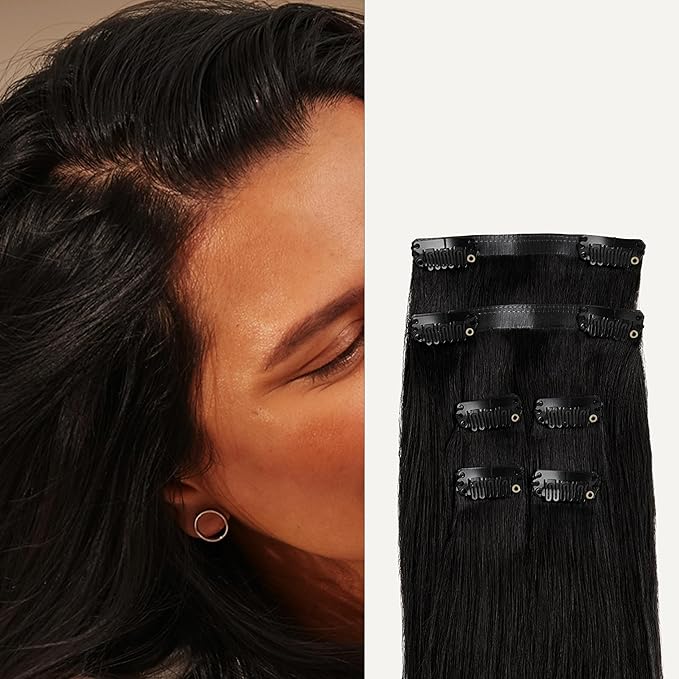 Luxy 100% Remy Human Hair Extensions for Thin Hair Thinning Hair Fill-Ins – 6 Seamless Wefts Multi-Dimensional Color Blend - Natural-Looking Volume & Coverage 80 grams 16" Off Black Thinning