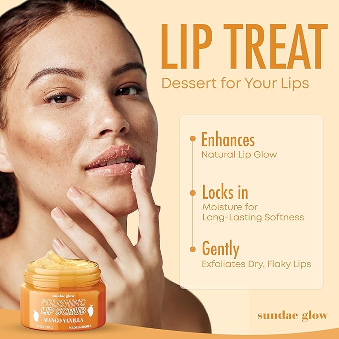 Sundae Glow Lip Scrub with Mango Vanilla – Exfoliates, Hydrates & Repairs – Smooths, Softens & Revitalizes Dry Lips – Dermatologist Tested, Korean Skin Care – Clean Beauty, Cruelty-Free – 1 Pack