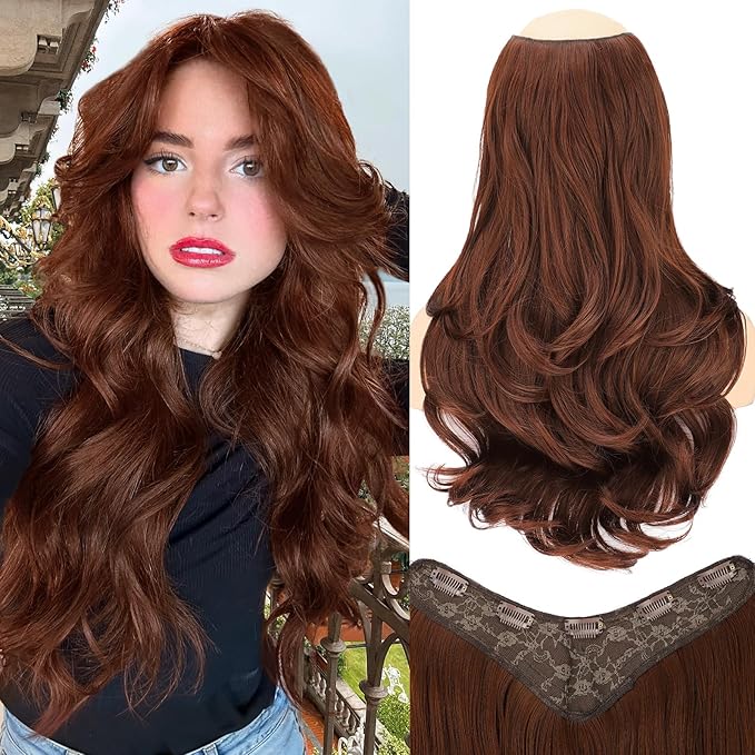 ALXNAN Long Wavy Layered Hair Extensions for Women, Clip in Hair Extensions Clip Ins Soft Full Head Synthetic Hairpieces 20 Inch Chestnut Auburn
