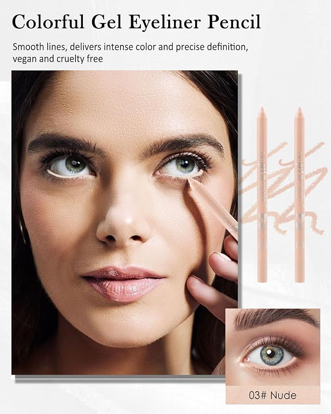 2Pcs Nude Waterline Eyeliner Gel Pencil,Peach Eyeliner Waterline Waterproof Smudge-Proof, Long Stay Eye Liner Brightener Pen with Sharpener, Safe for Sensitive Eyes, Soft Cream Colored Eye Makeup Pen