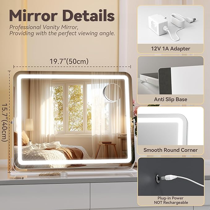 Hasipu Makeup Vanity Mirror with Lights, 20" L x 16" W LED Tabletop Make up Mirror for Desk, Lighting & Brightness Adjustment, 360°Rotation, 10x Magnification