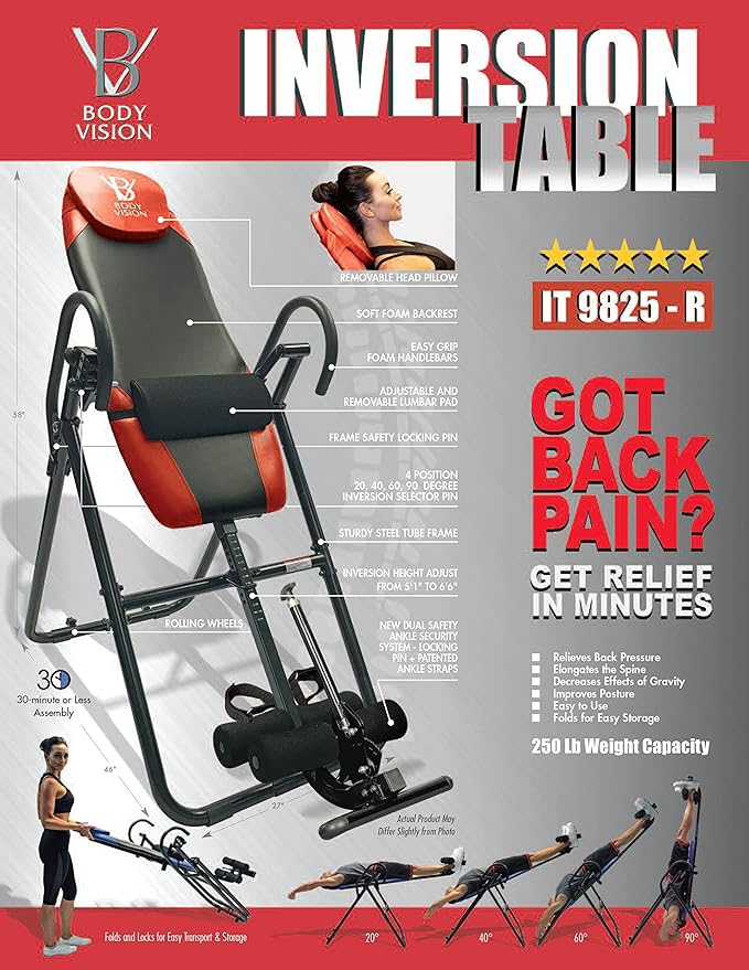Body Vision IT9825 Premium Inversion Table with Removable 250 lbs.,