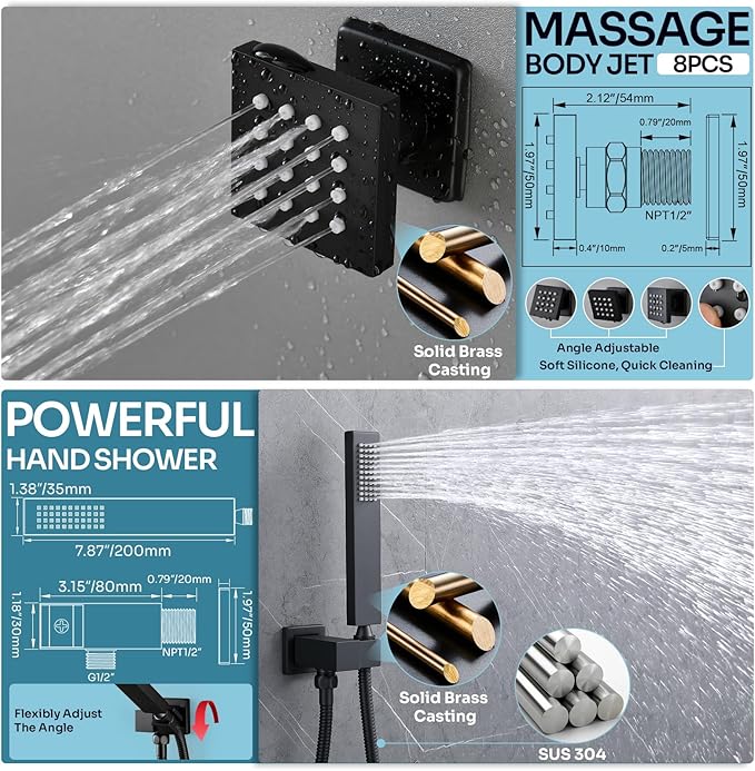HOMEDEC Luxury Dual Shower System for Couples, 16x32" Rain 2-Function and Dual 6" Side Wall Mounted Shower Heads, with 4-Way Diverter Valves, Black