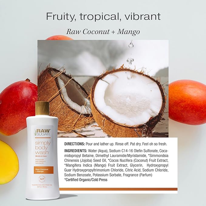 RAW SUGAR Coconut Mango Glow Gentle & Hydrating Body Wash, 20 Fl Oz (Pack of 3), Moisturizing & Brightening Bath & Shower Gel, Vegan, Formulated without SLS/SLES & Parabens