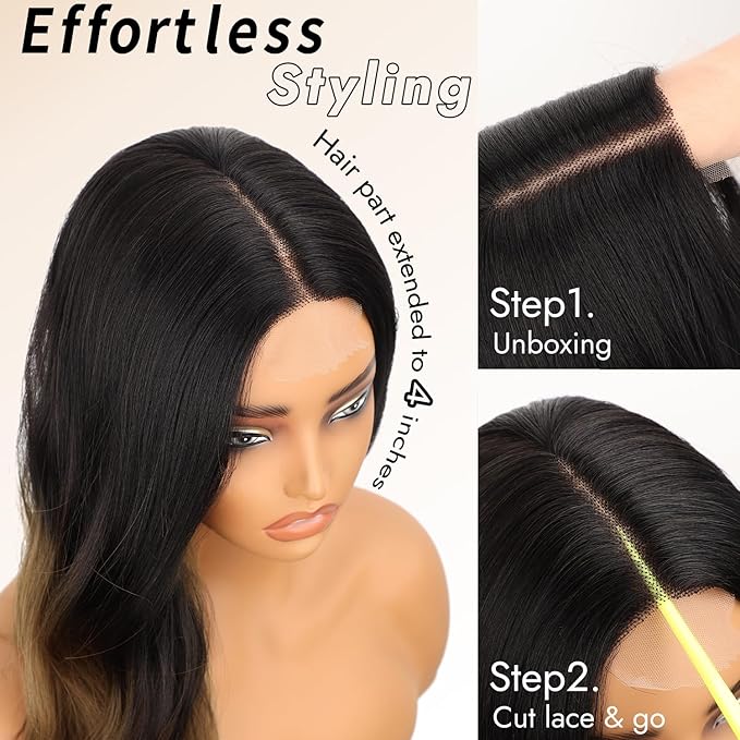 AISI HAIR Brown Wig for Women, Long Wavy Black To Brown Lace Hairline Middle Part Synthetic Heat Resistant Wig for Daily Party-26 Inch
